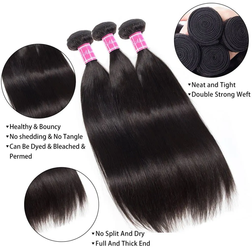 10A Straight Hair 4 Bundles With Closure Natural Color Indian Hair