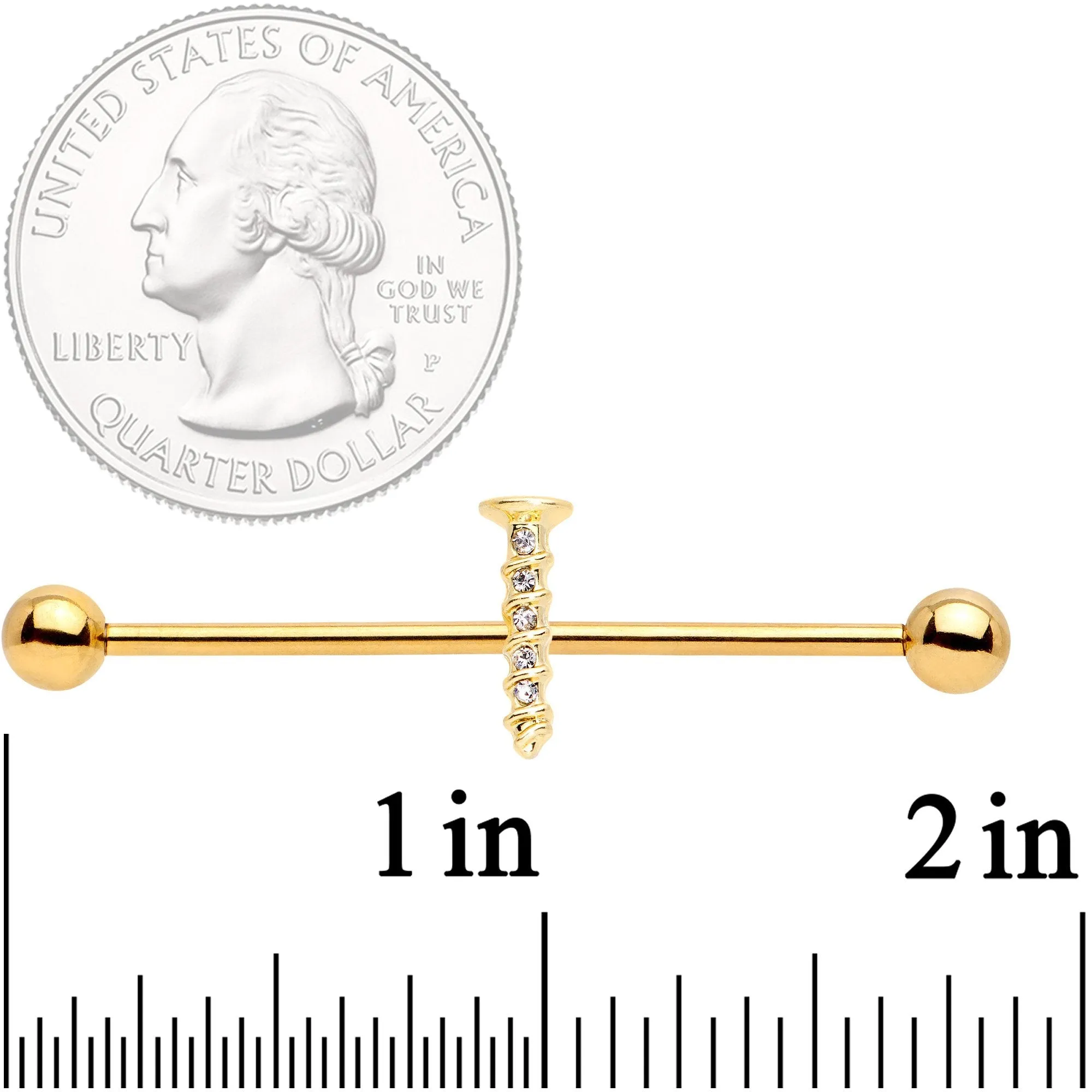 14 Gauge Clear Gem Gold Tone Screw Industrial Barbell 38mm