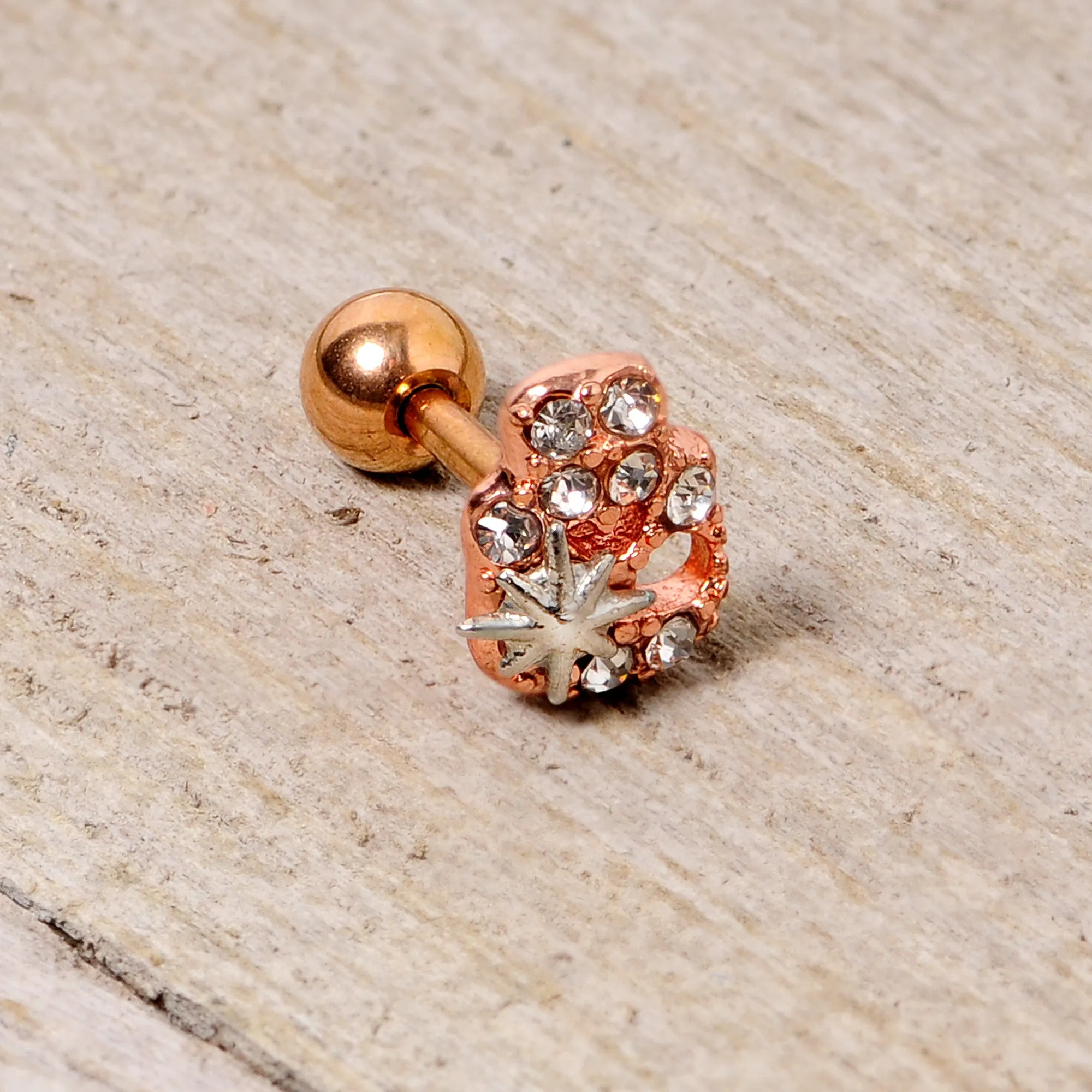 16 Gauge 1/4 Clear Gem Rose Gold Tone Star Skull Cartilage Tragus