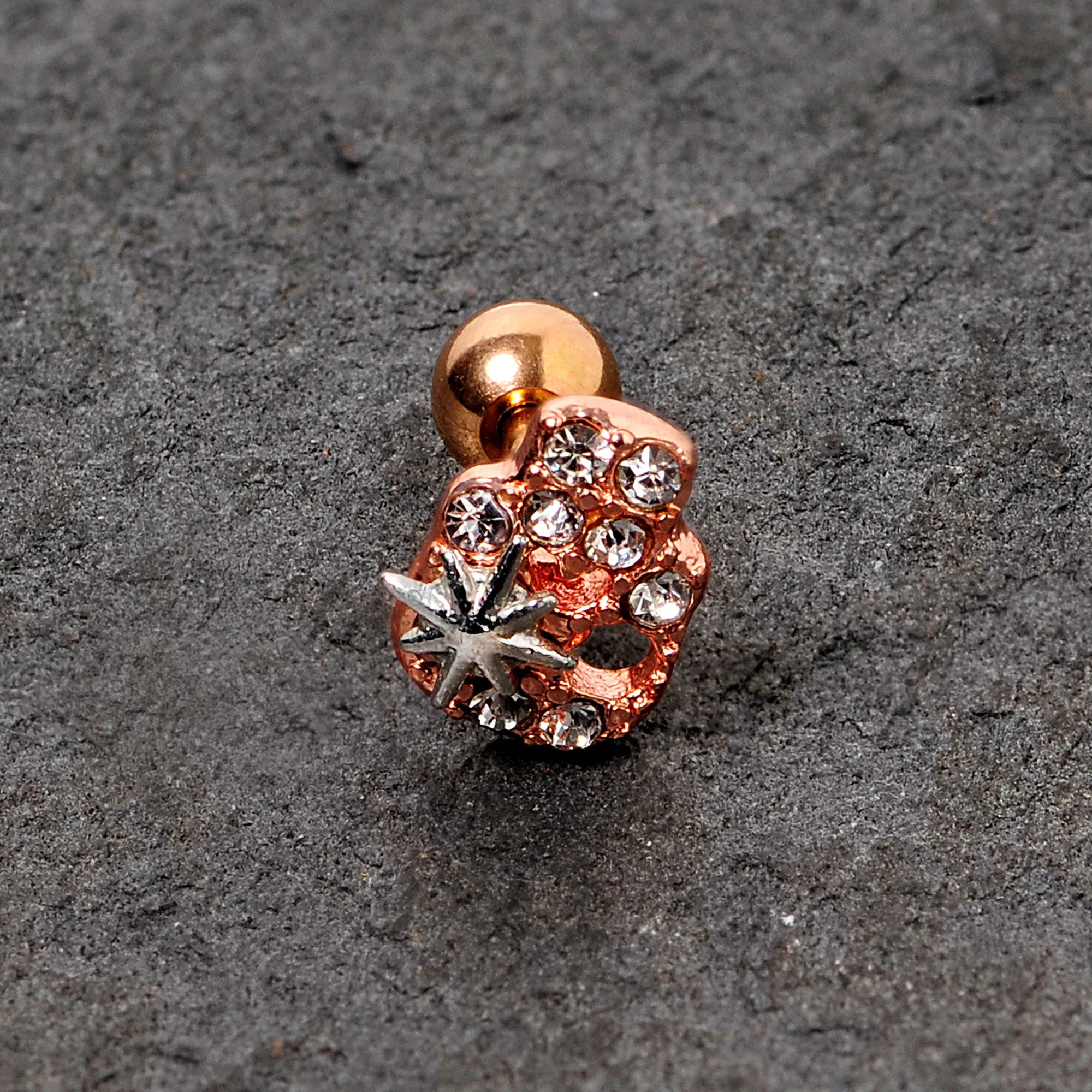 16 Gauge 1/4 Clear Gem Rose Gold Tone Star Skull Cartilage Tragus