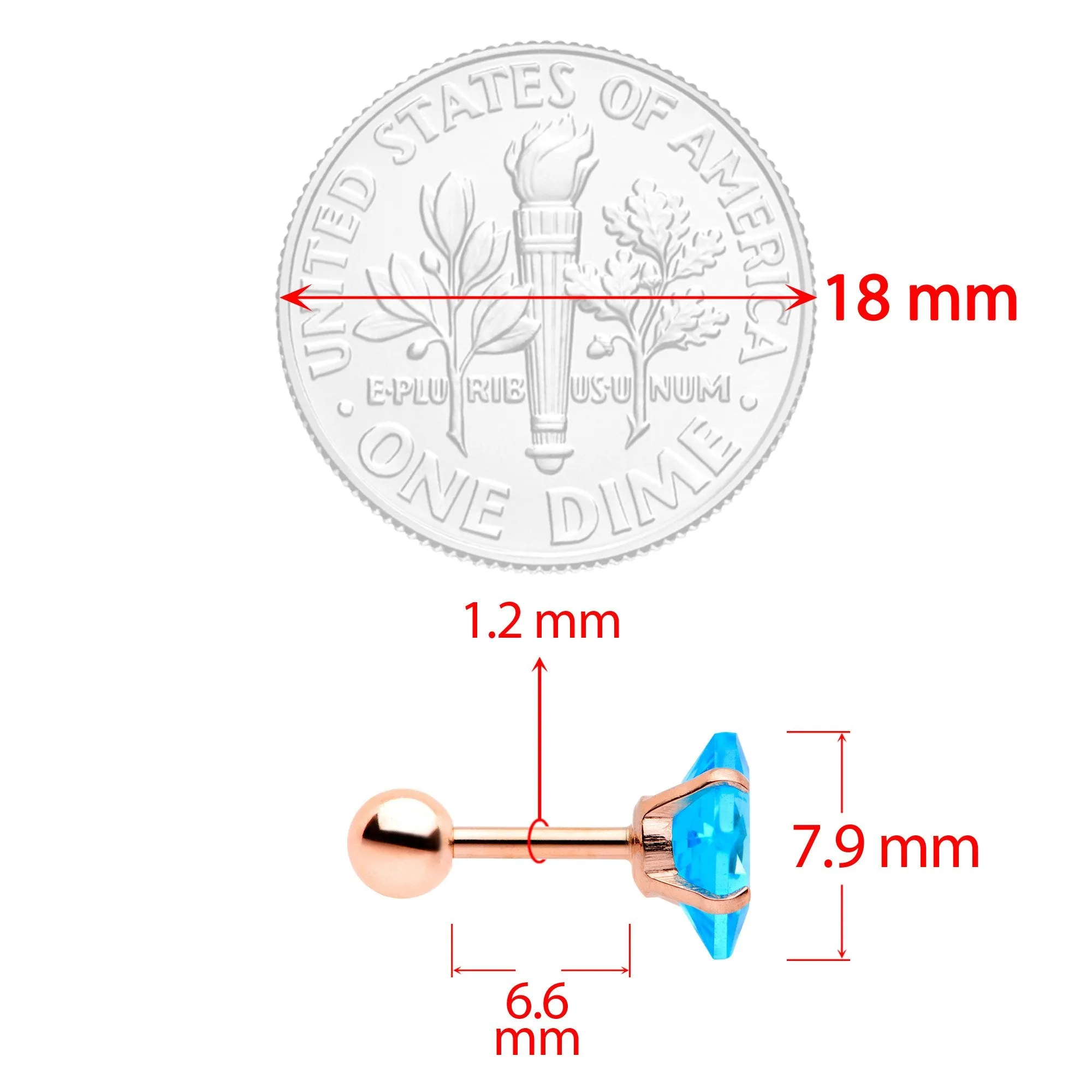 16 Gauge 1/4 Color CZ Gem Rose Gold Tone Cartilage Tragus Set of 3