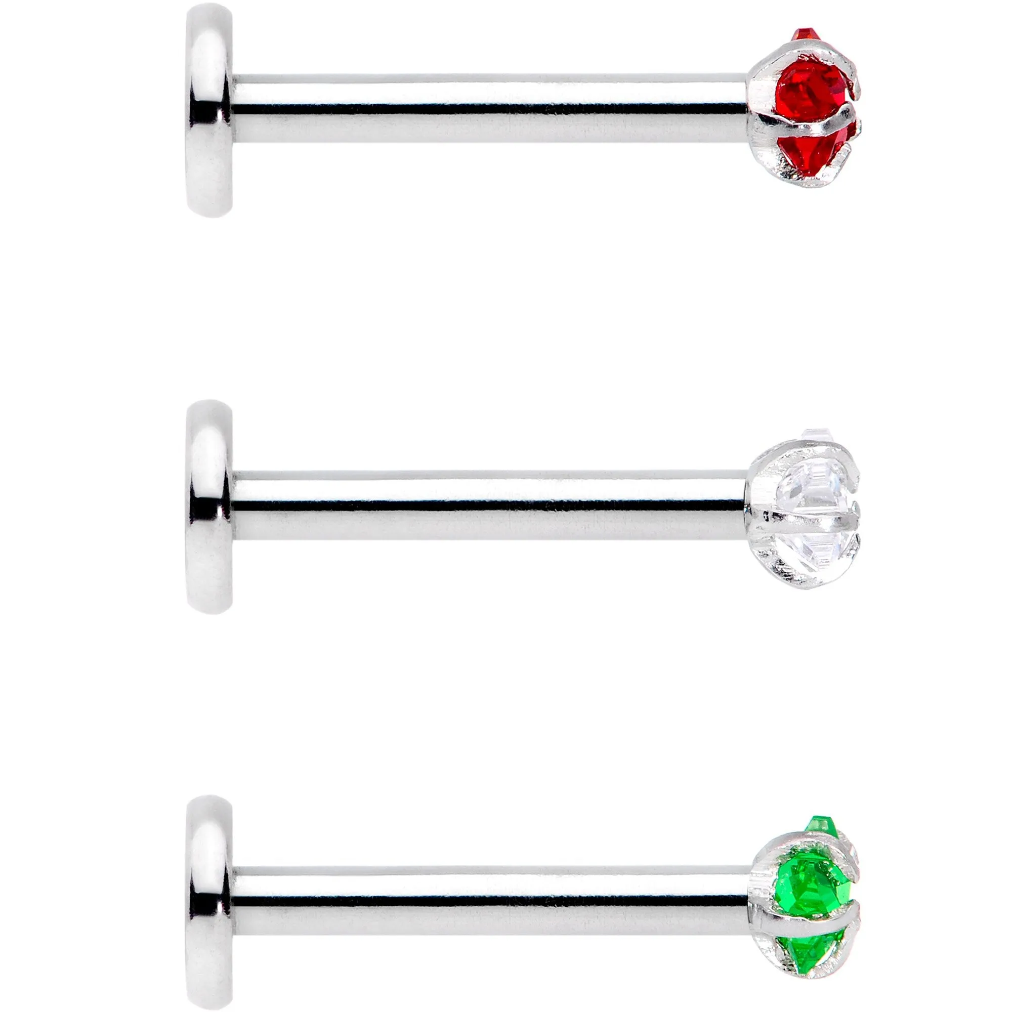 16 Gauge 3/8 Red Green CZ Gem Holiday Star Labret Tragus Set of 3