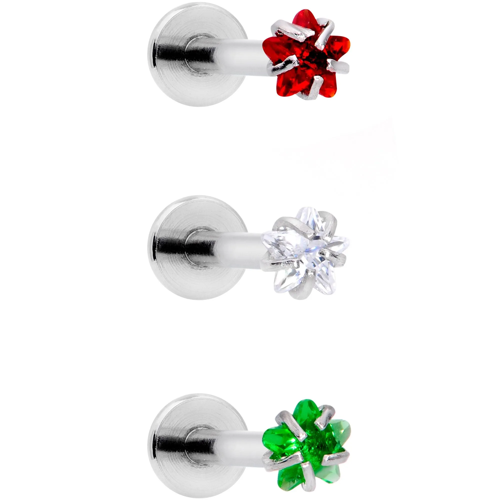 16 Gauge 3/8 Red Green CZ Gem Holiday Star Labret Tragus Set of 3