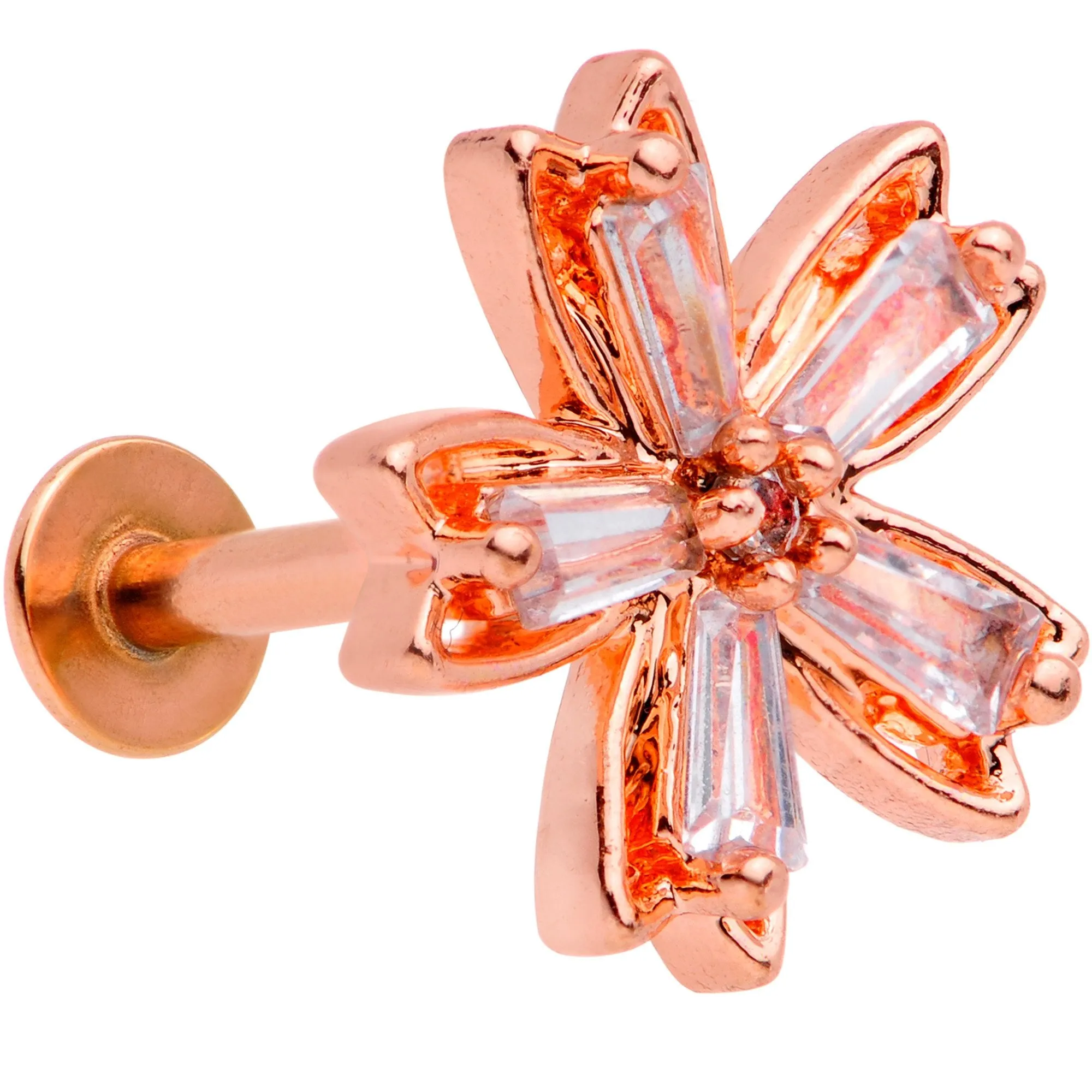 16 Gauge 5/16 Clear CZ Gem Rose Gold Tone Flower Labret Monroe Tragus