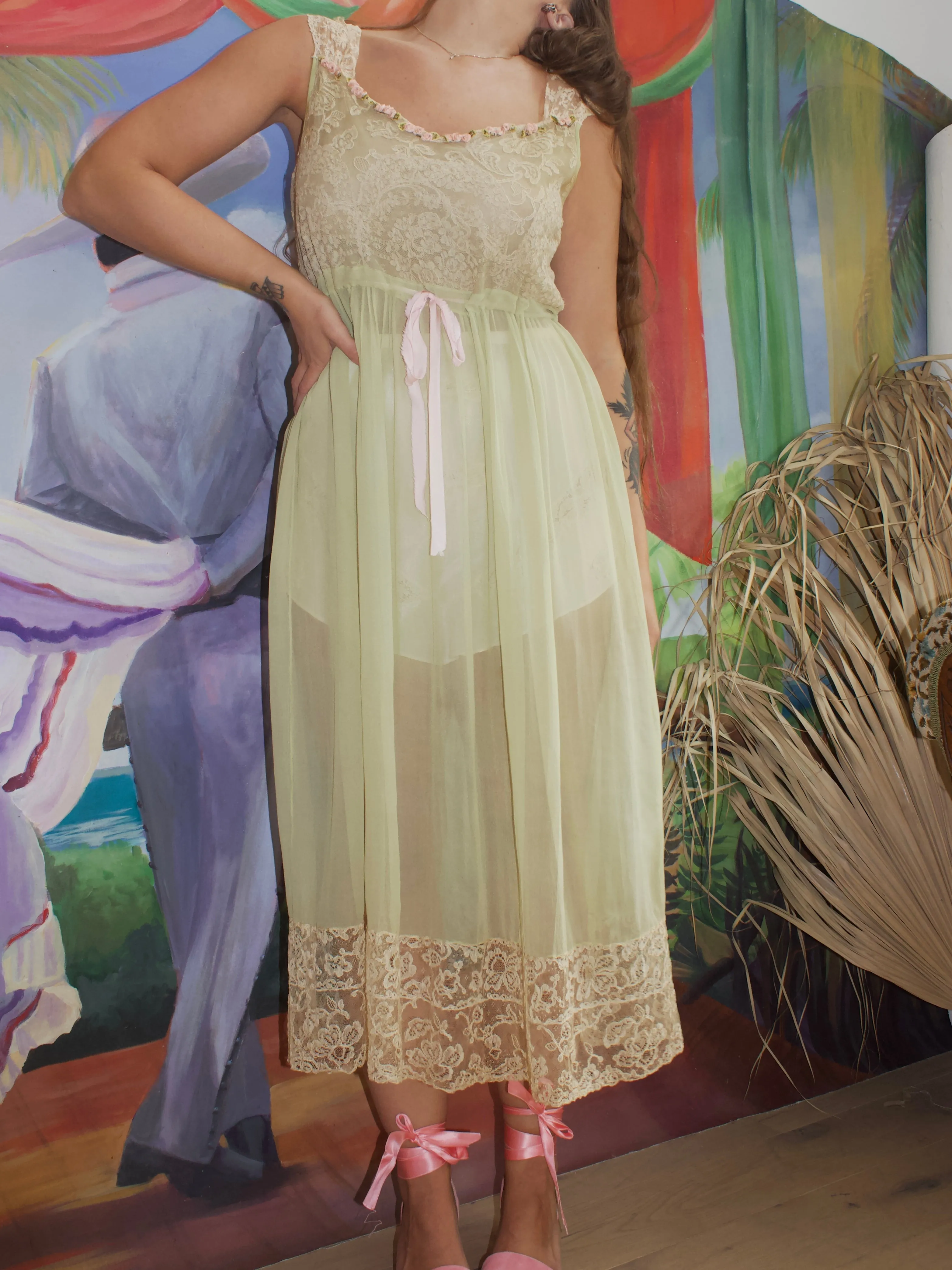 1920s Ecru Lace Mint Chiffon Floral Ribbon-work Dress