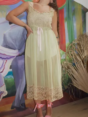 1920s Ecru Lace Mint Chiffon Floral Ribbon-work Dress
