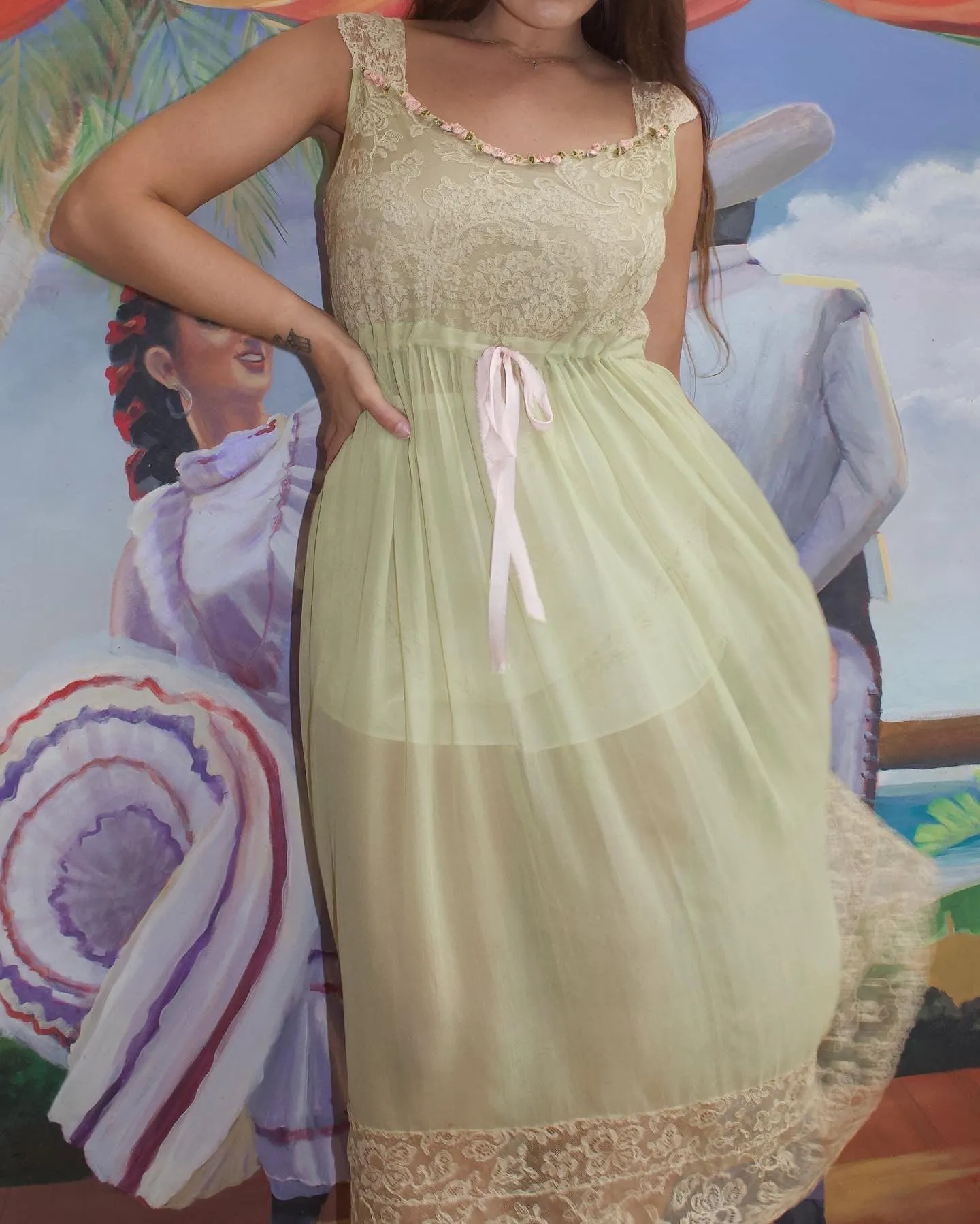 1920s Ecru Lace Mint Chiffon Floral Ribbon-work Dress