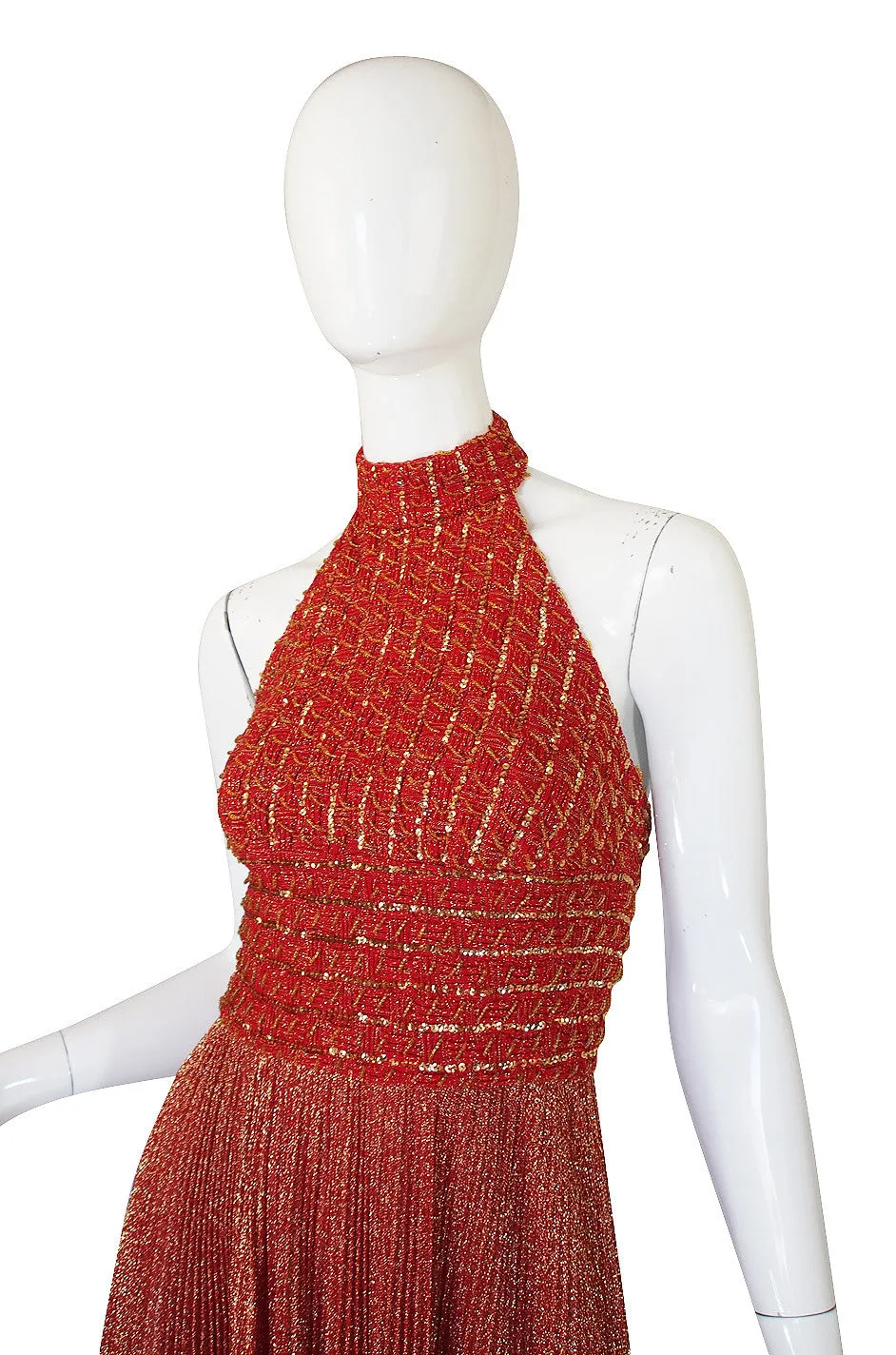 1970s Mignon Red Lame Gold Halter Dress