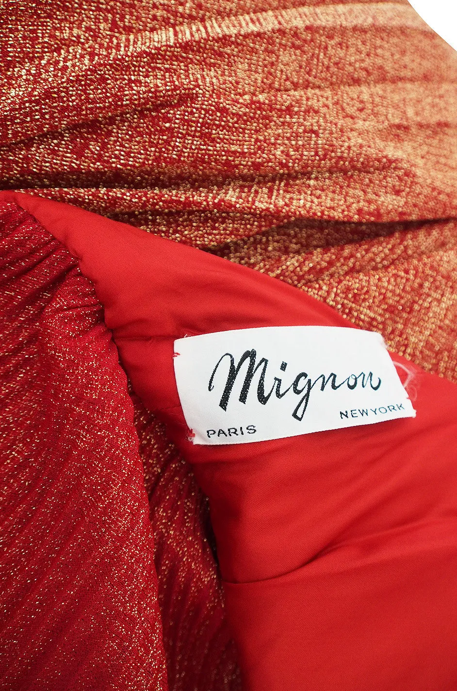 1970s Mignon Red Lame Gold Halter Dress