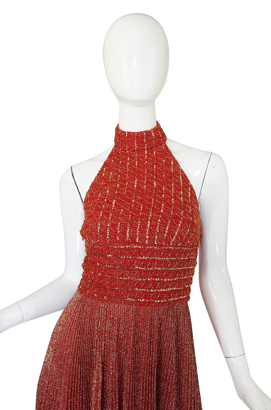 1970s Mignon Red Lame Gold Halter Dress