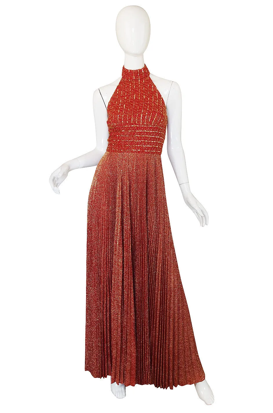 1970s Mignon Red Lame Gold Halter Dress