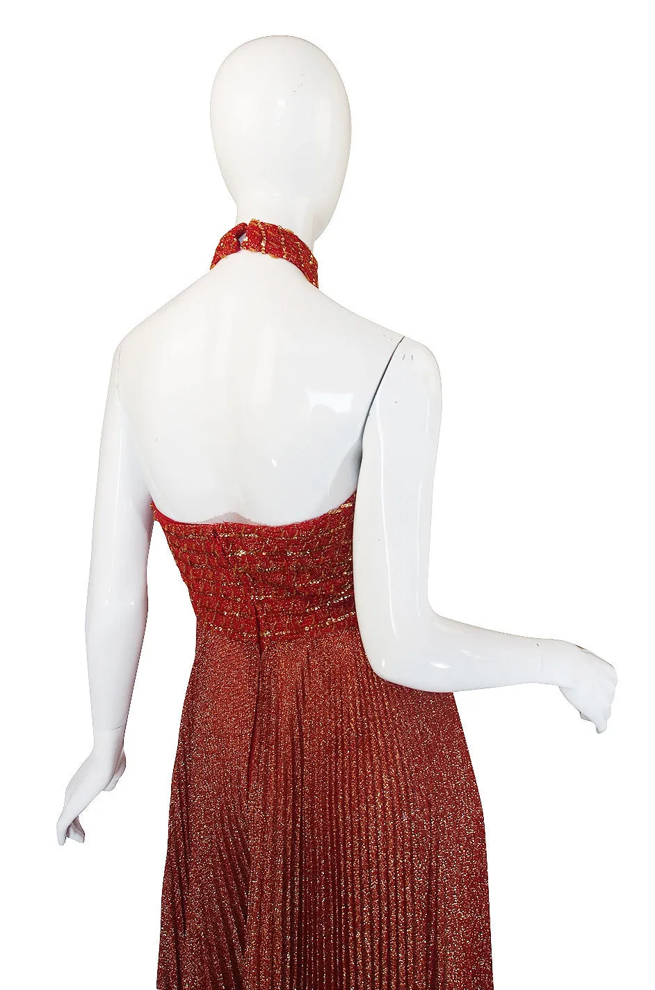 1970s Mignon Red Lame Gold Halter Dress