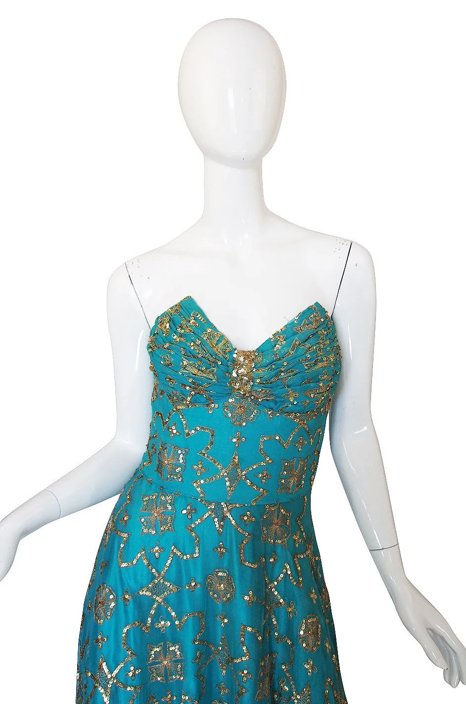 1970s Turquoise & Gold Sequin Silk Gown