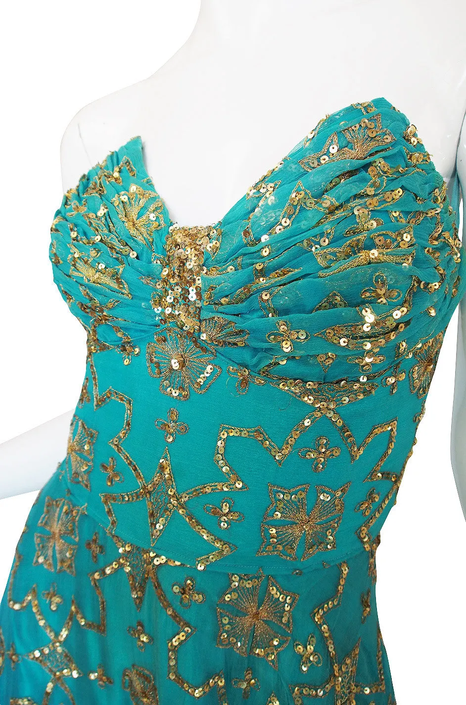 1970s Turquoise & Gold Sequin Silk Gown