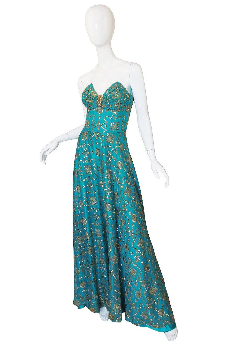 1970s Turquoise & Gold Sequin Silk Gown