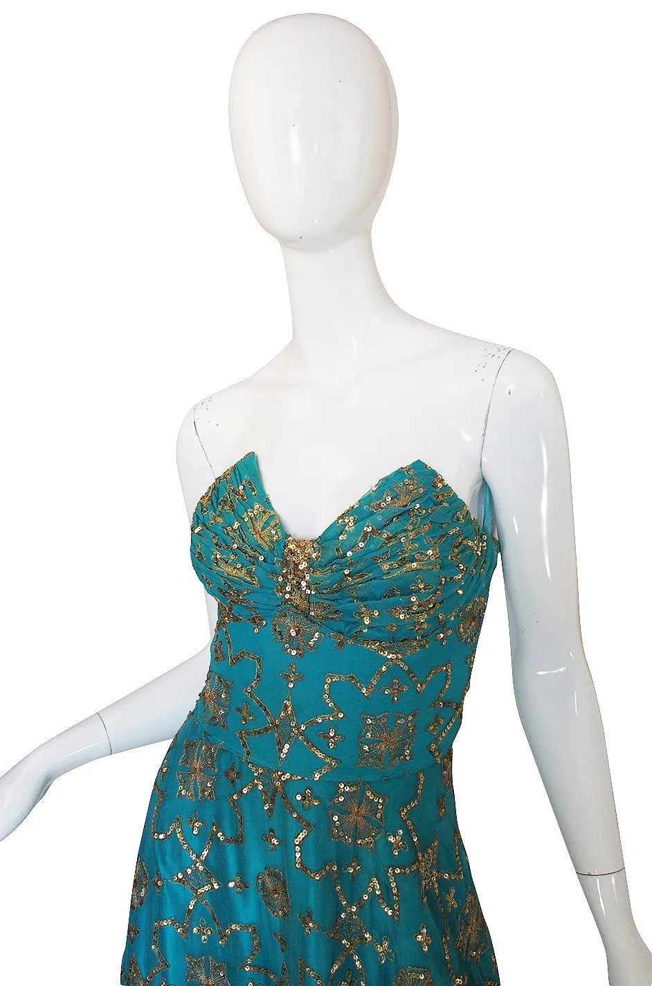 1970s Turquoise & Gold Sequin Silk Gown