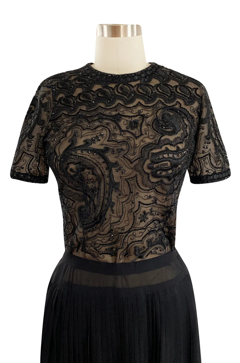 1970s Unlabeled Christian Dior Haute Couture Black Silk Chiffon Knife Pleated Skirt