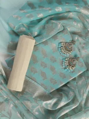 3 pc Unstitched SET -Blue Kota Chanderi Jaquard Kurta with Heavy Dupatta and Silk Pyjama