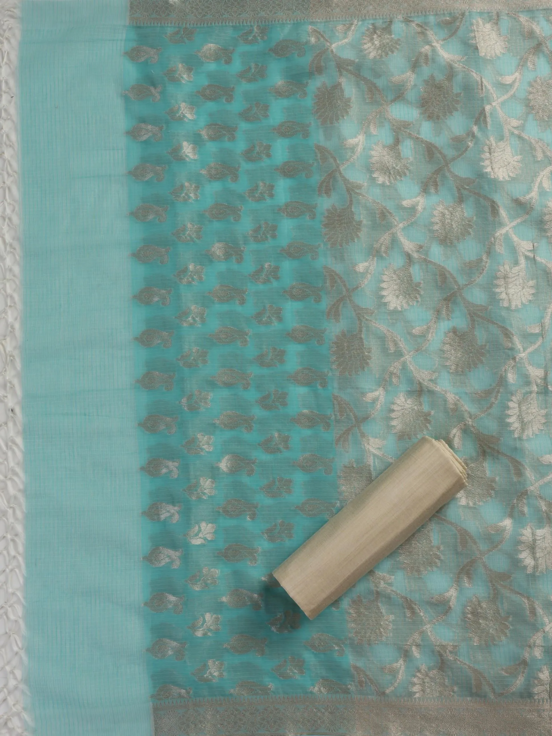 3 pc Unstitched SET -Blue Kota Chanderi Jaquard Kurta with Heavy Dupatta and Silk Pyjama