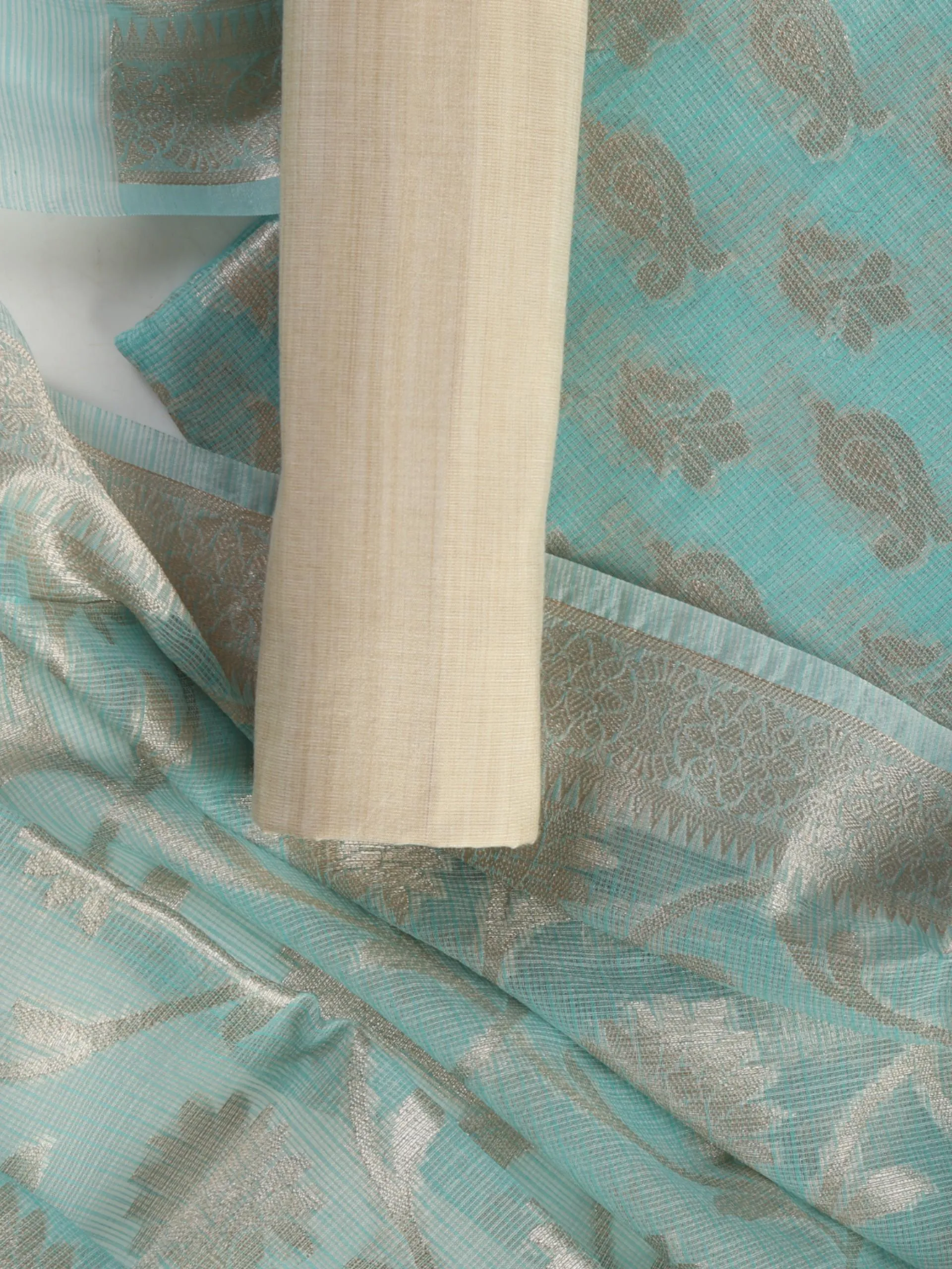 3 pc Unstitched SET -Blue Kota Chanderi Jaquard Kurta with Heavy Dupatta and Silk Pyjama
