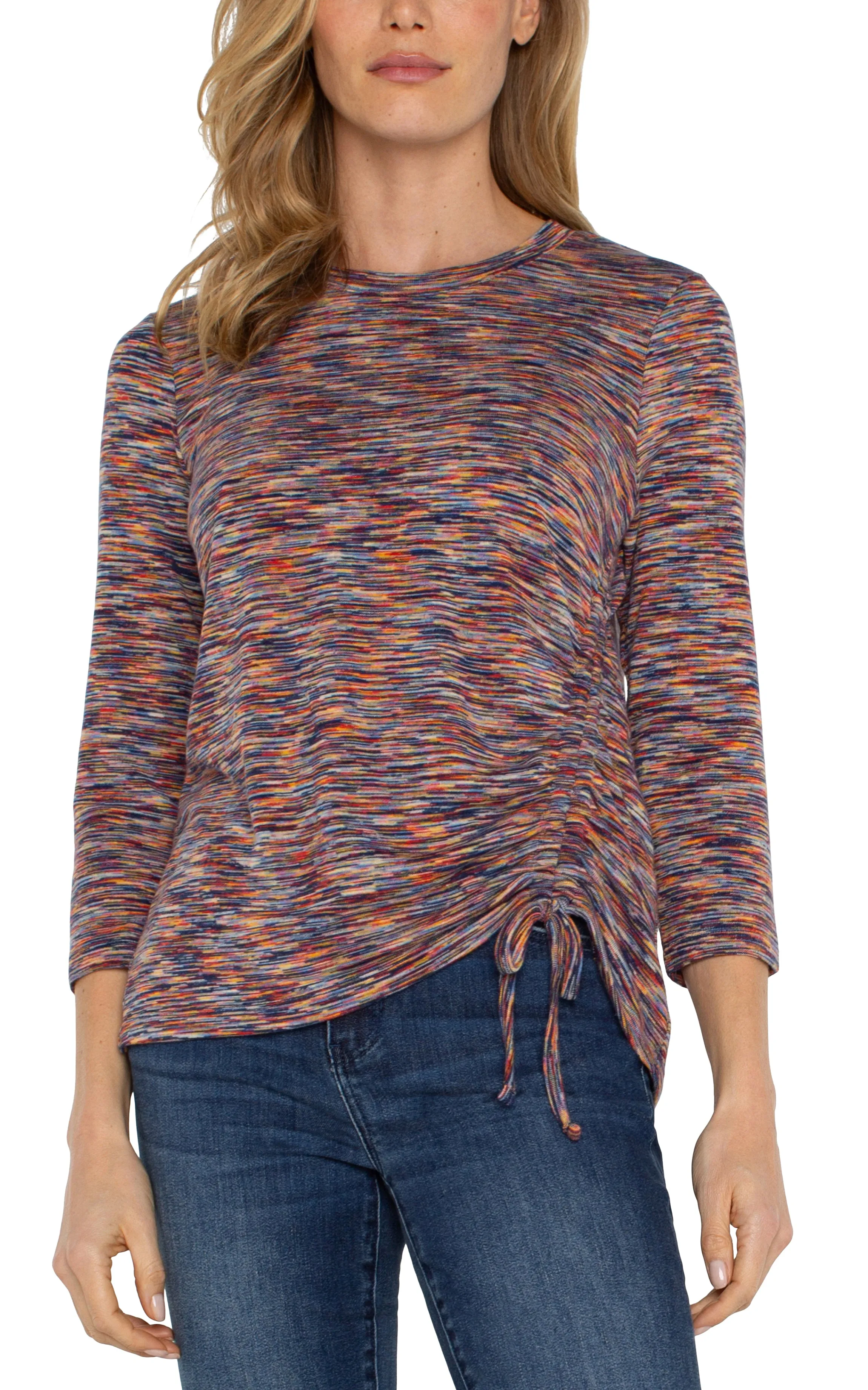 3/4 Sleeve Scoop Neck Knit Top with Asymmetrical Tie Detail