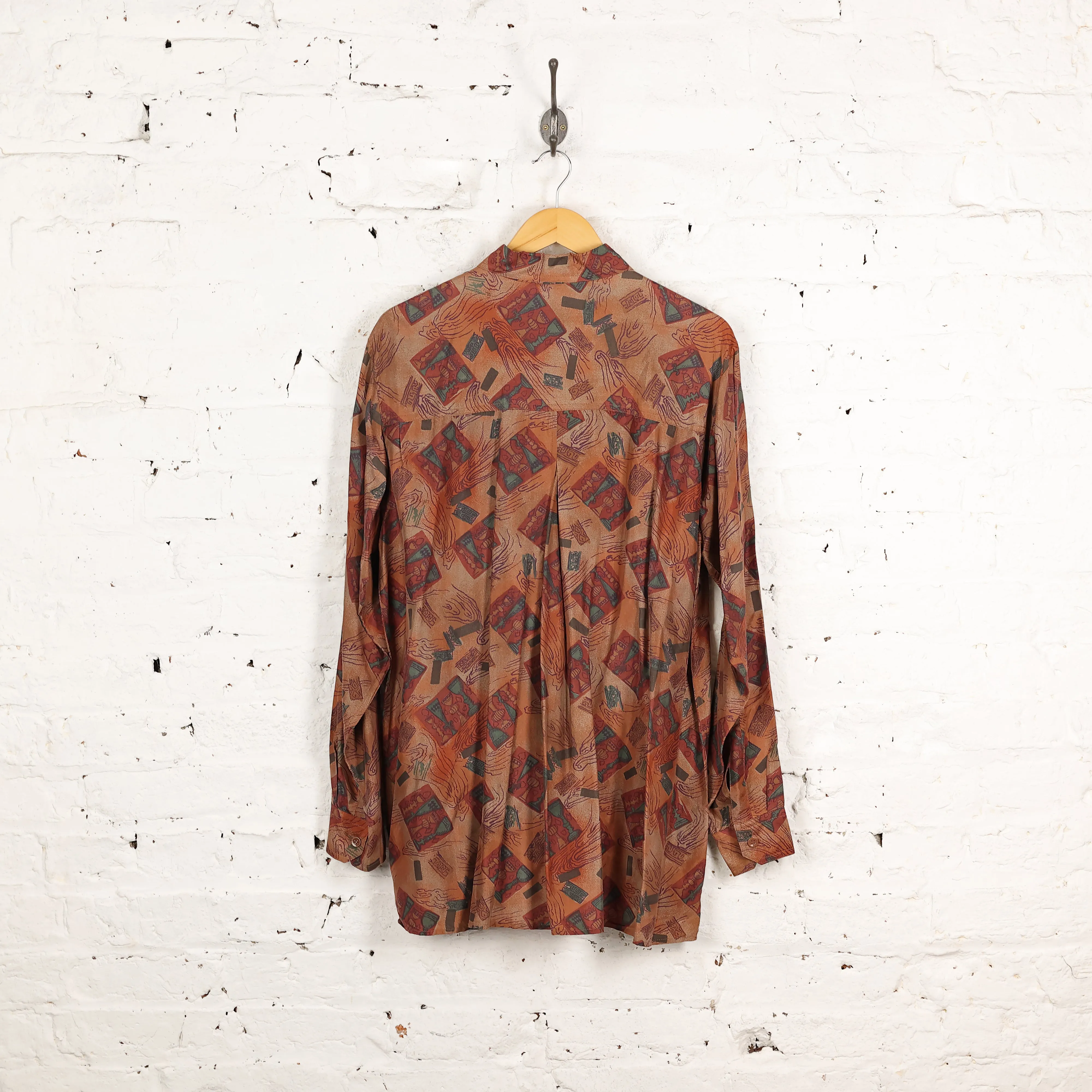 90s Long Sleeve Silk Pattern Shirt - Orange - M