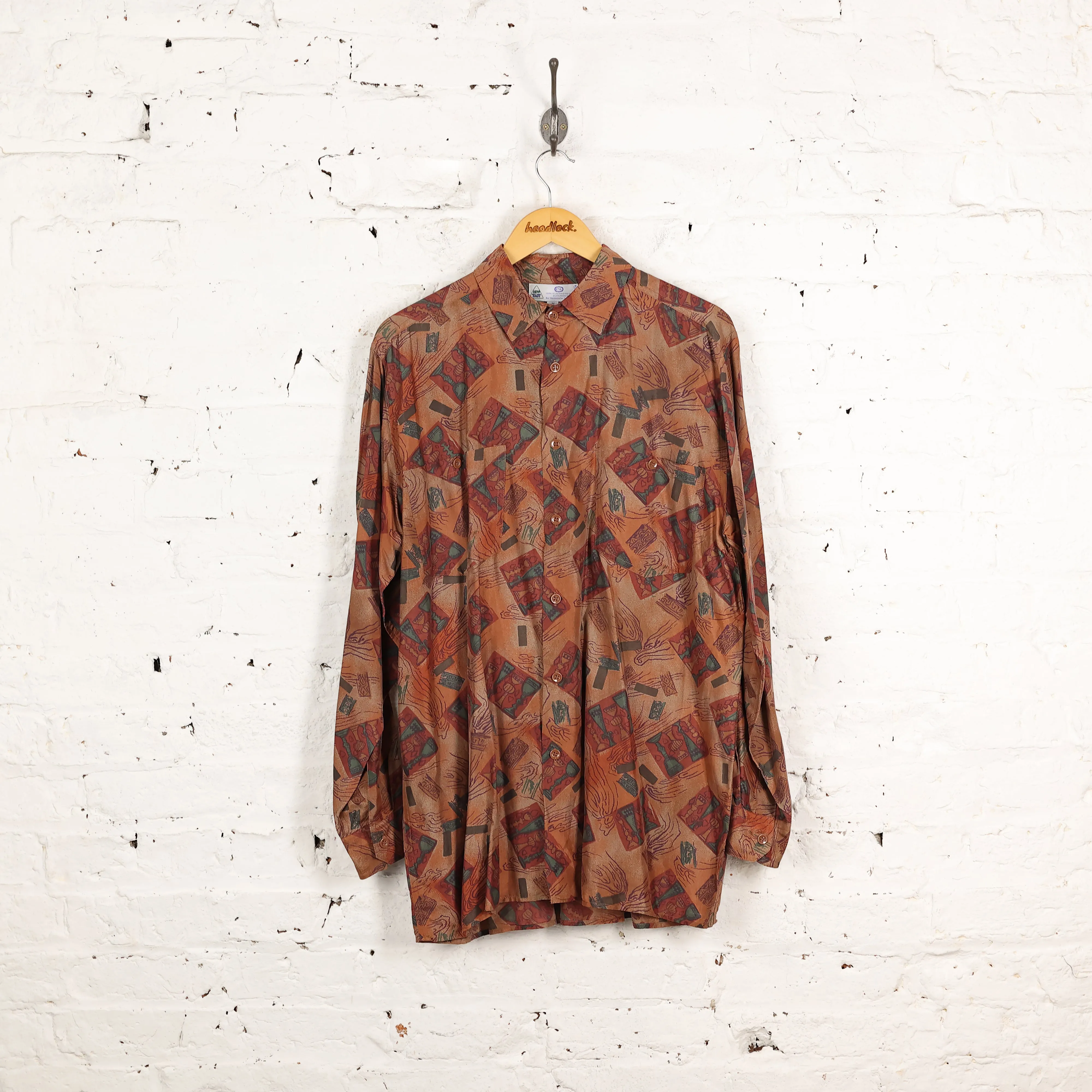 90s Long Sleeve Silk Pattern Shirt - Orange - M