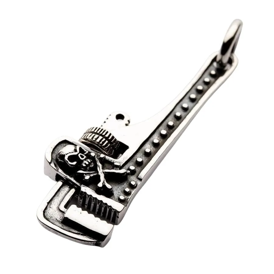 925 Sterling Silver Skull Wrench Pendant