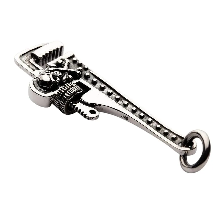 925 Sterling Silver Skull Wrench Pendant