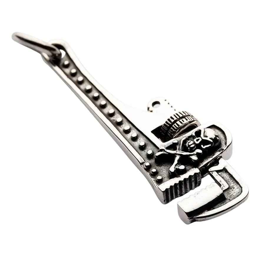 925 Sterling Silver Skull Wrench Pendant