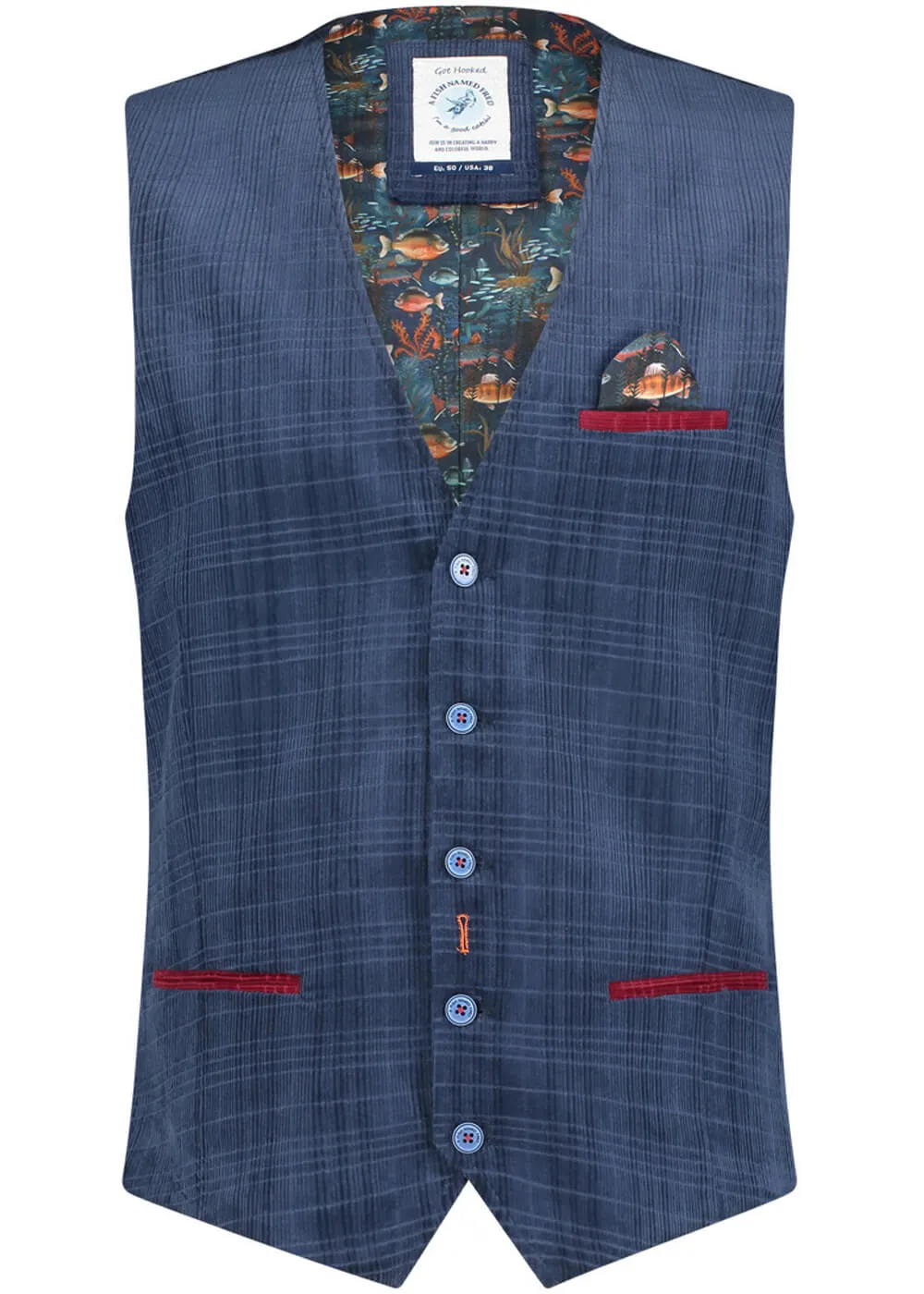 A Fish Named Fred Corduroy Waistcoat Navy