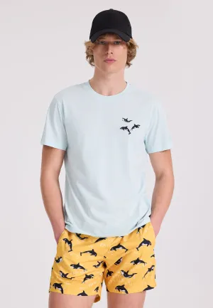 Açık Mavi Baskılı Bisiklet Yaka Pamuklu Regular Fit Erkek T-Shirt WMEMBROIDERY WHALE