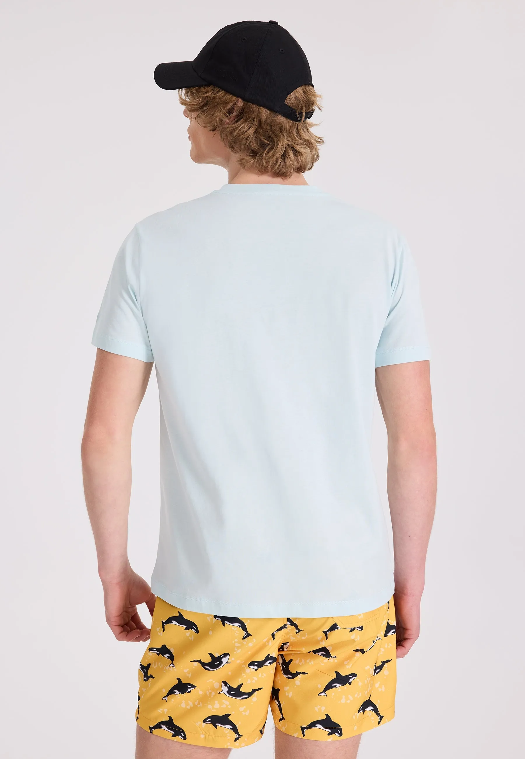 Açık Mavi Baskılı Bisiklet Yaka Pamuklu Regular Fit Erkek T-Shirt WMEMBROIDERY WHALE