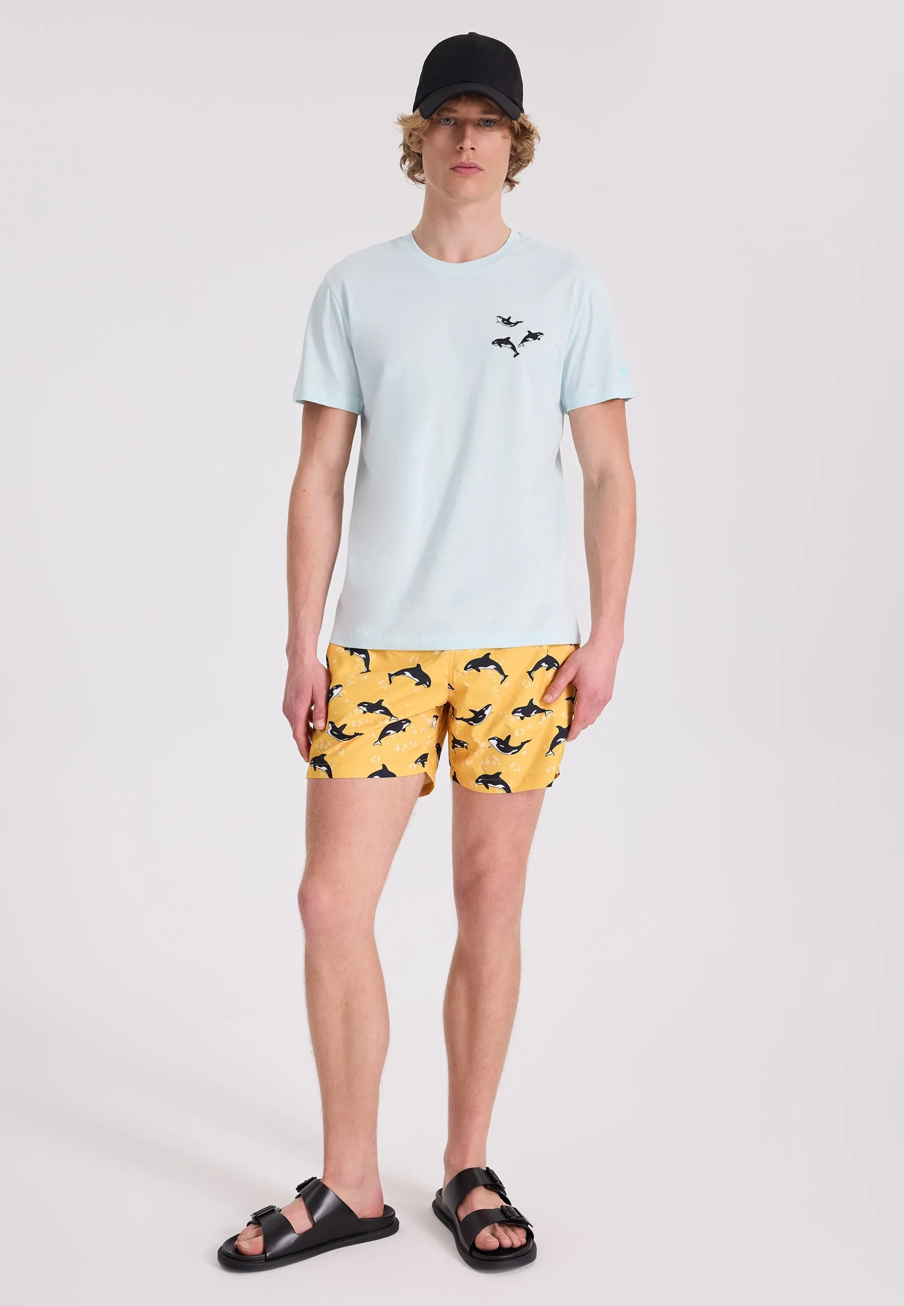 Açık Mavi Baskılı Bisiklet Yaka Pamuklu Regular Fit Erkek T-Shirt WMEMBROIDERY WHALE