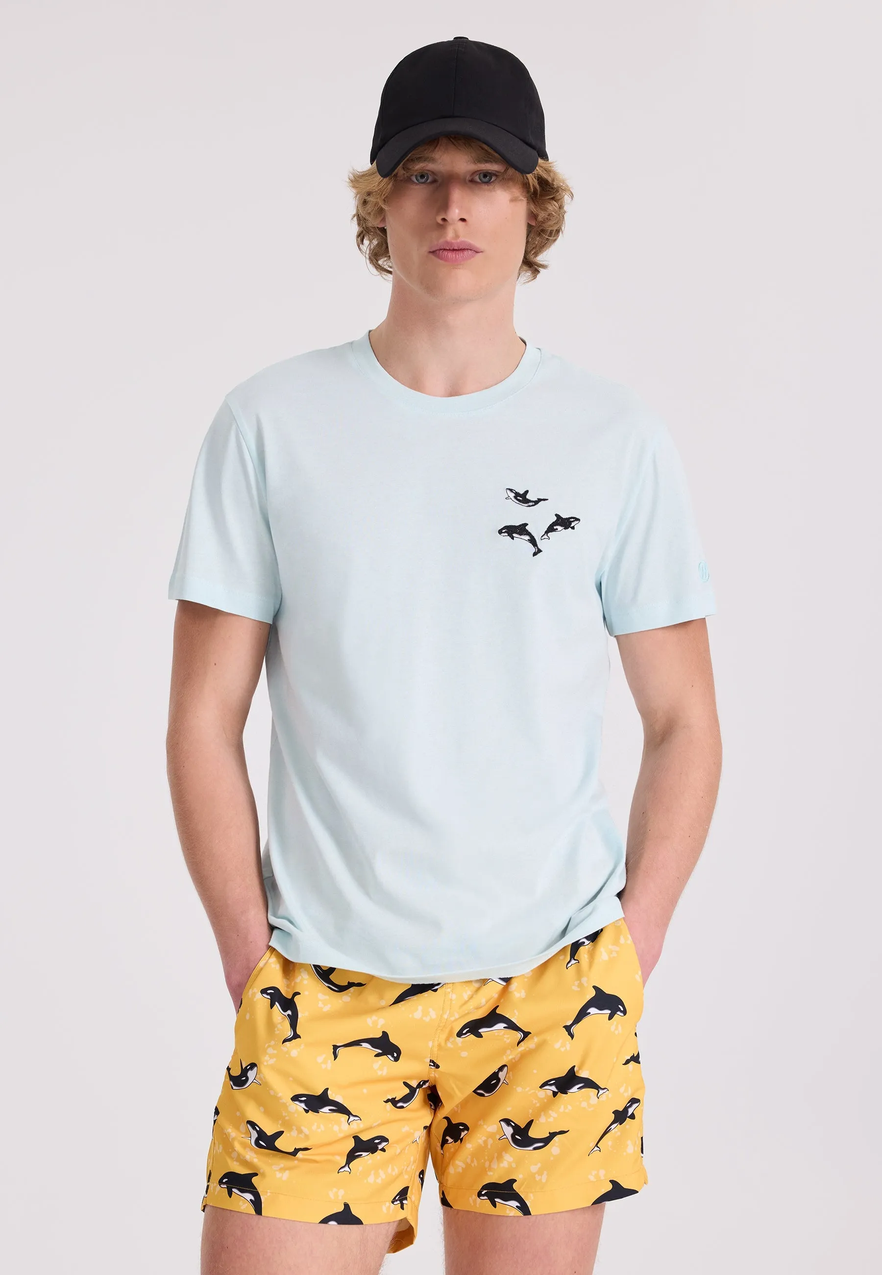 Açık Mavi Baskılı Bisiklet Yaka Pamuklu Regular Fit Erkek T-Shirt WMEMBROIDERY WHALE