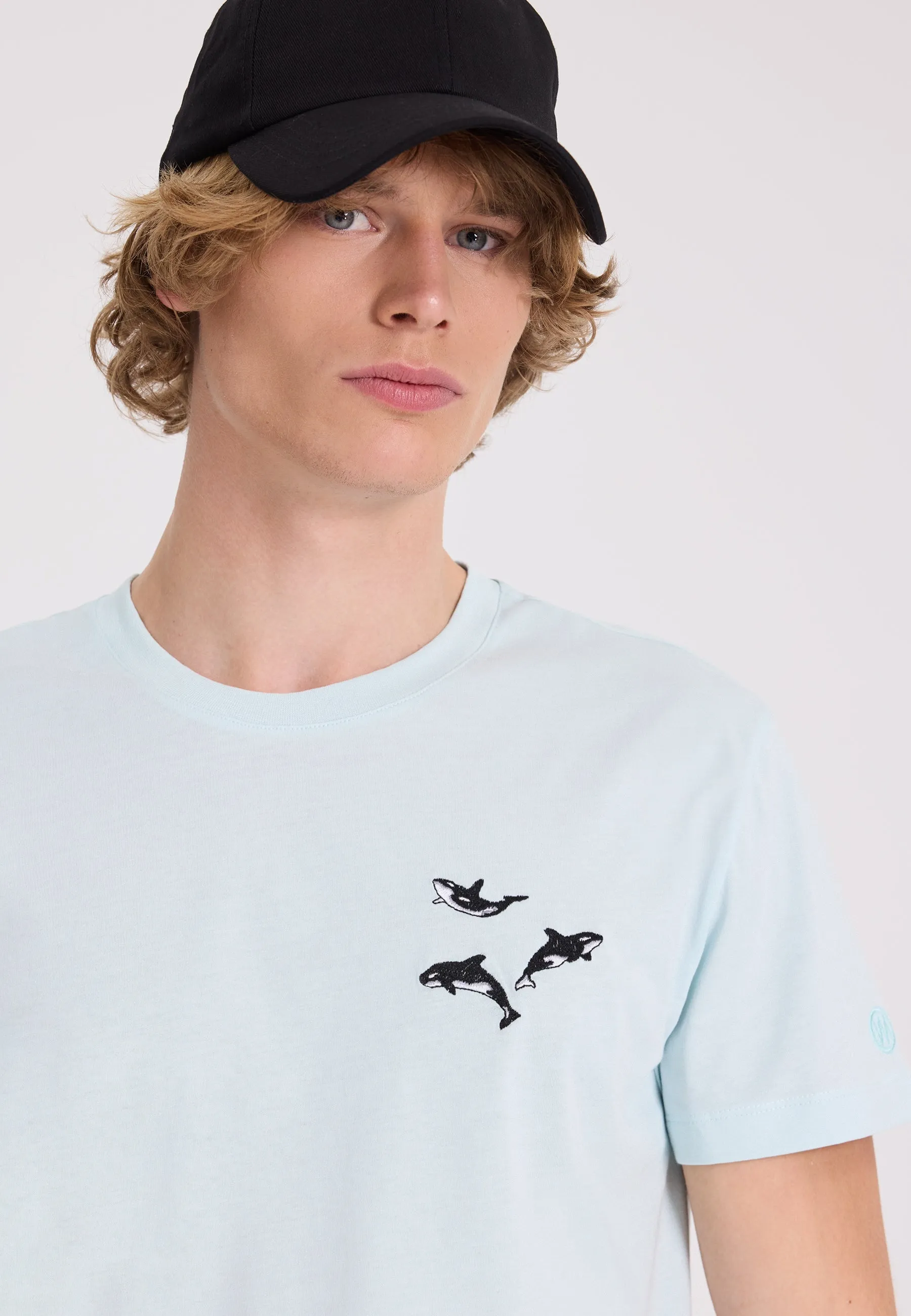 Açık Mavi Baskılı Bisiklet Yaka Pamuklu Regular Fit Erkek T-Shirt WMEMBROIDERY WHALE