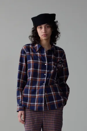 ALICE SHIRT WITH ROSETTE | BLUE AND PEACH PLAID