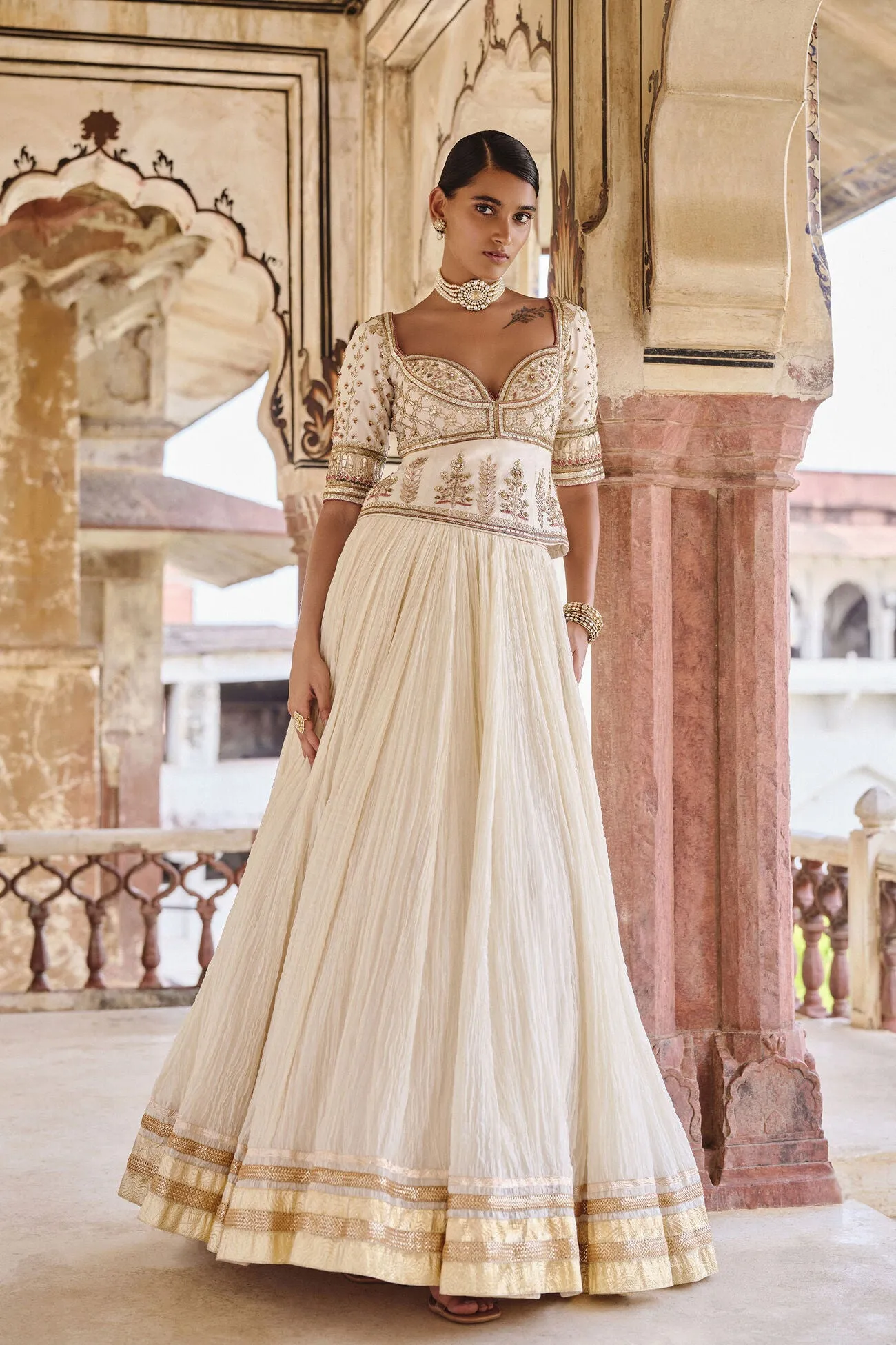 Amara Gota Patti Mul Lehenga Set - Natural