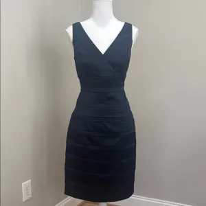 American Living Navy Blue Pleated V-Neck Midi Cocktail Dress