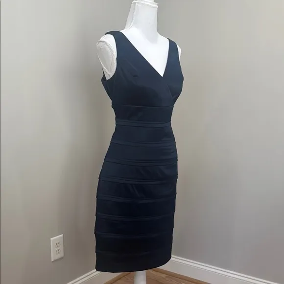 American Living Navy Blue Pleated V-Neck Midi Cocktail Dress