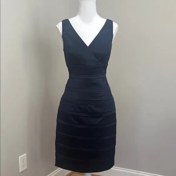 American Living Navy Blue Pleated V-Neck Midi Cocktail Dress