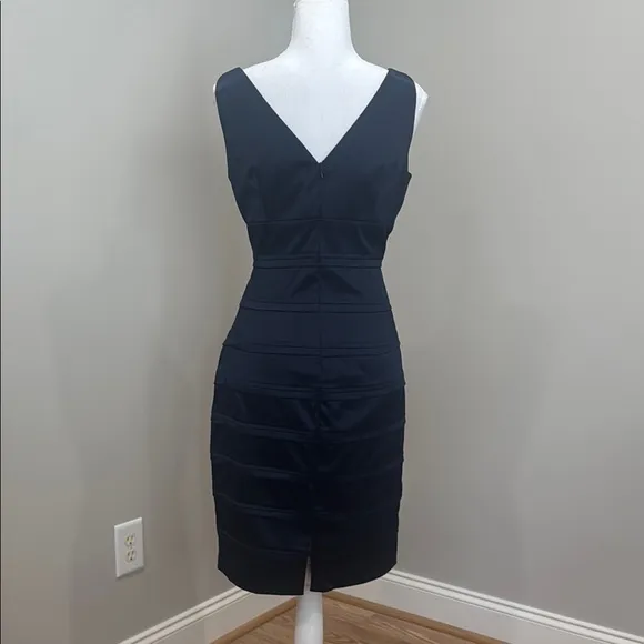 American Living Navy Blue Pleated V-Neck Midi Cocktail Dress