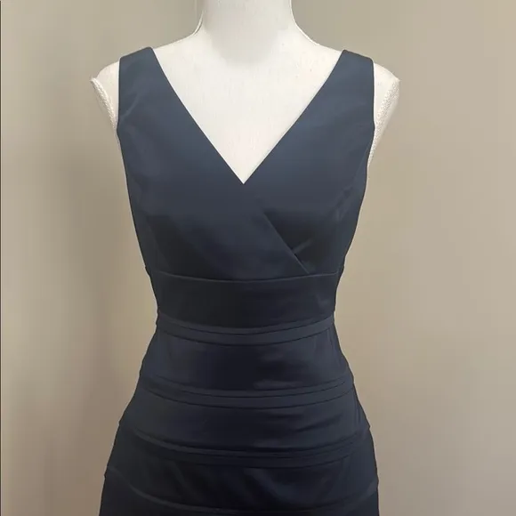 American Living Navy Blue Pleated V-Neck Midi Cocktail Dress