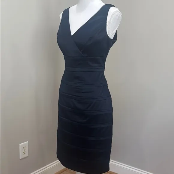 American Living Navy Blue Pleated V-Neck Midi Cocktail Dress