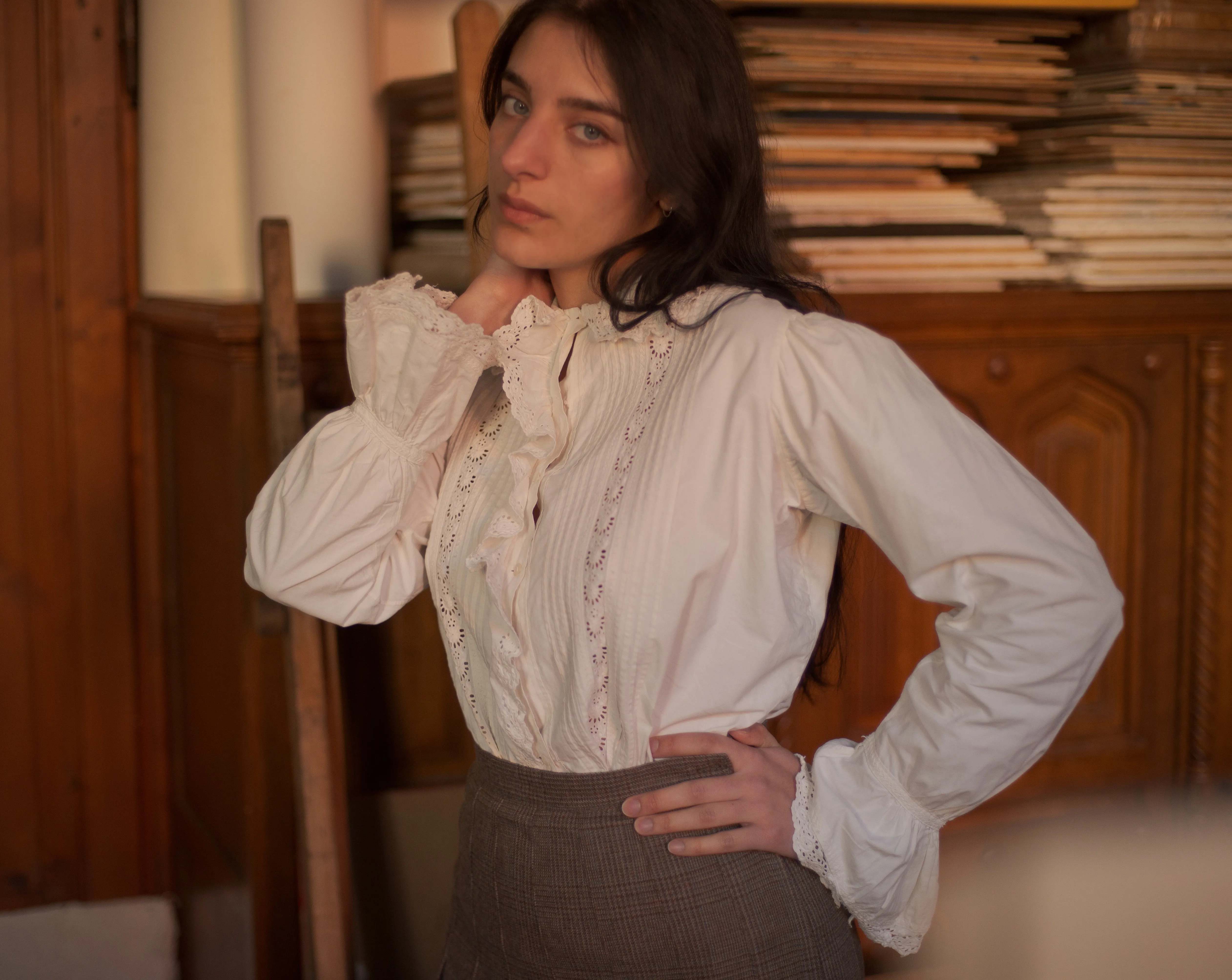 Antique cotton embroidered and cut work blouse