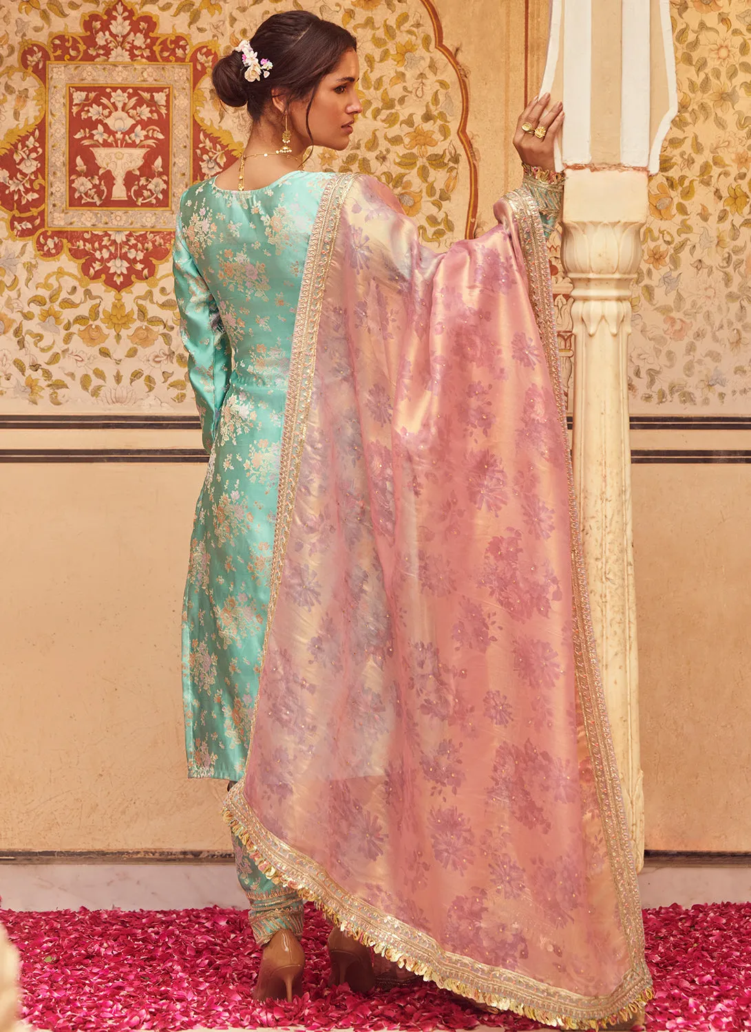 Aqua Blue Embroidered Brocade Straight Suit