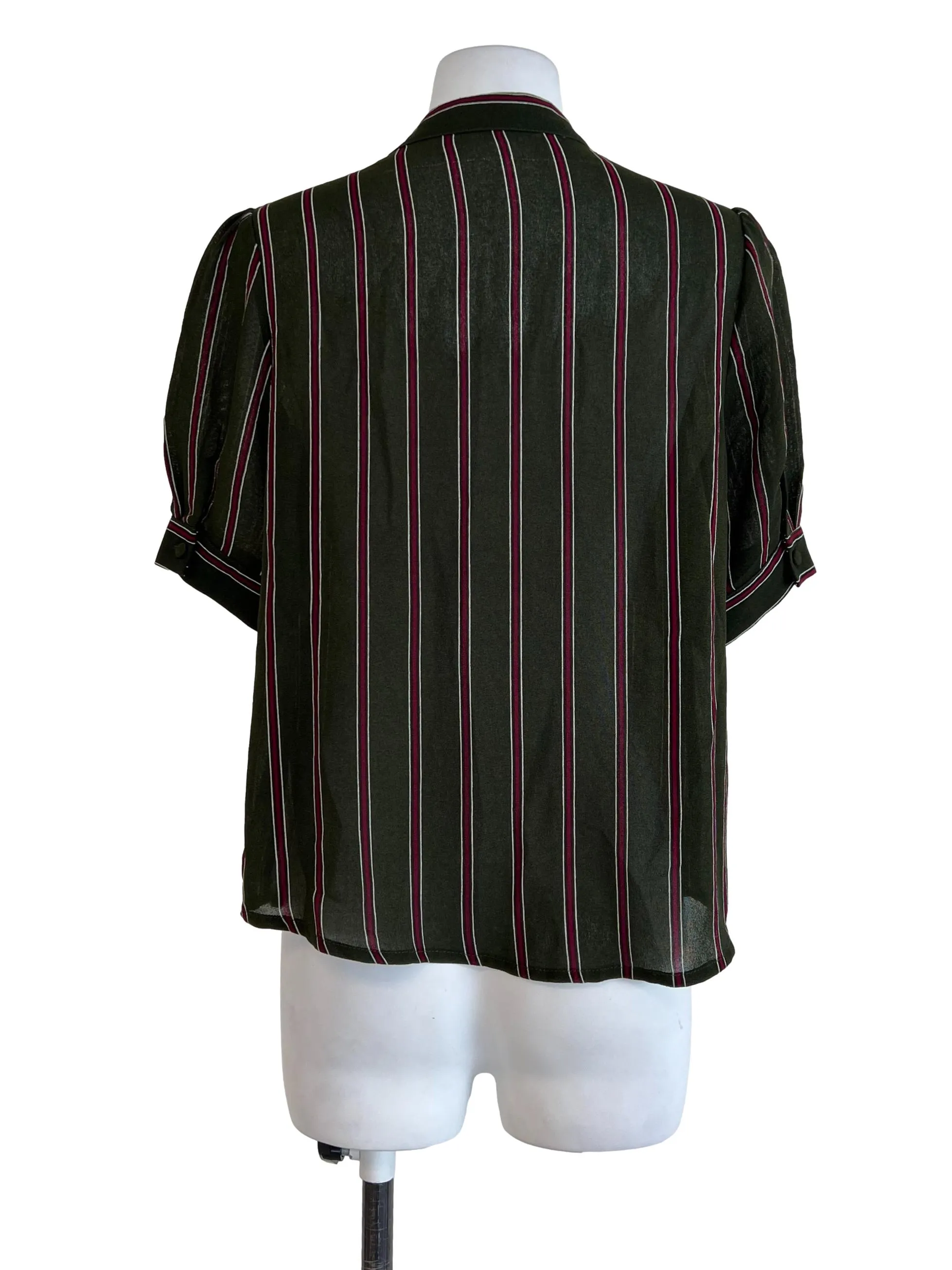 Army Green Maroon Stripe Ribbon Button Top