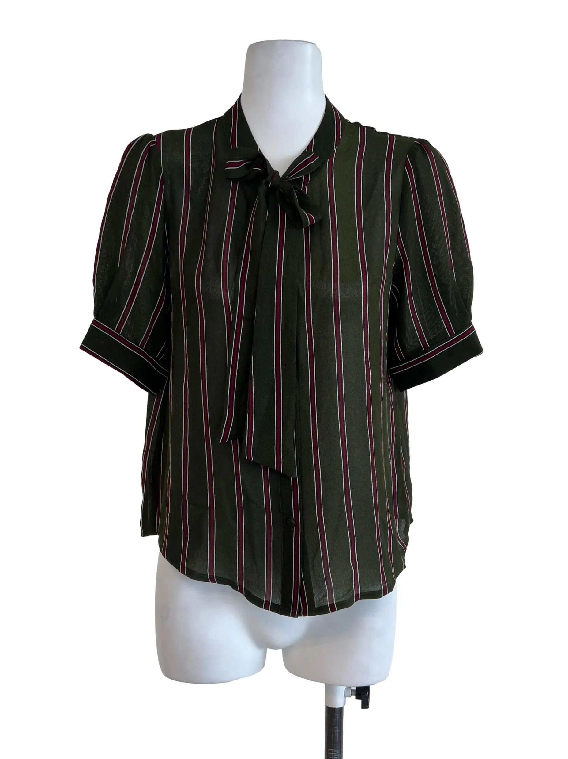 Army Green Maroon Stripe Ribbon Button Top