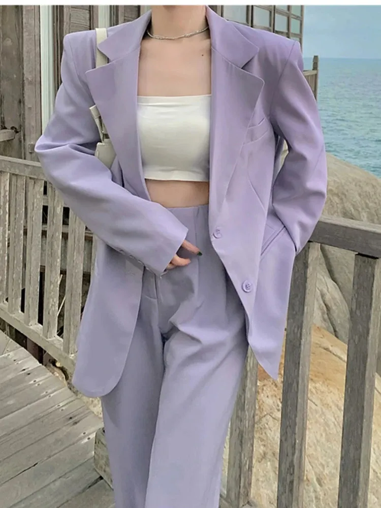 Autumn Women Purple Blazer Pantsuit Korean Fashion Vintage Loose Jacket Pants 2 Piece Set Female Business Casual Trousers Outfit