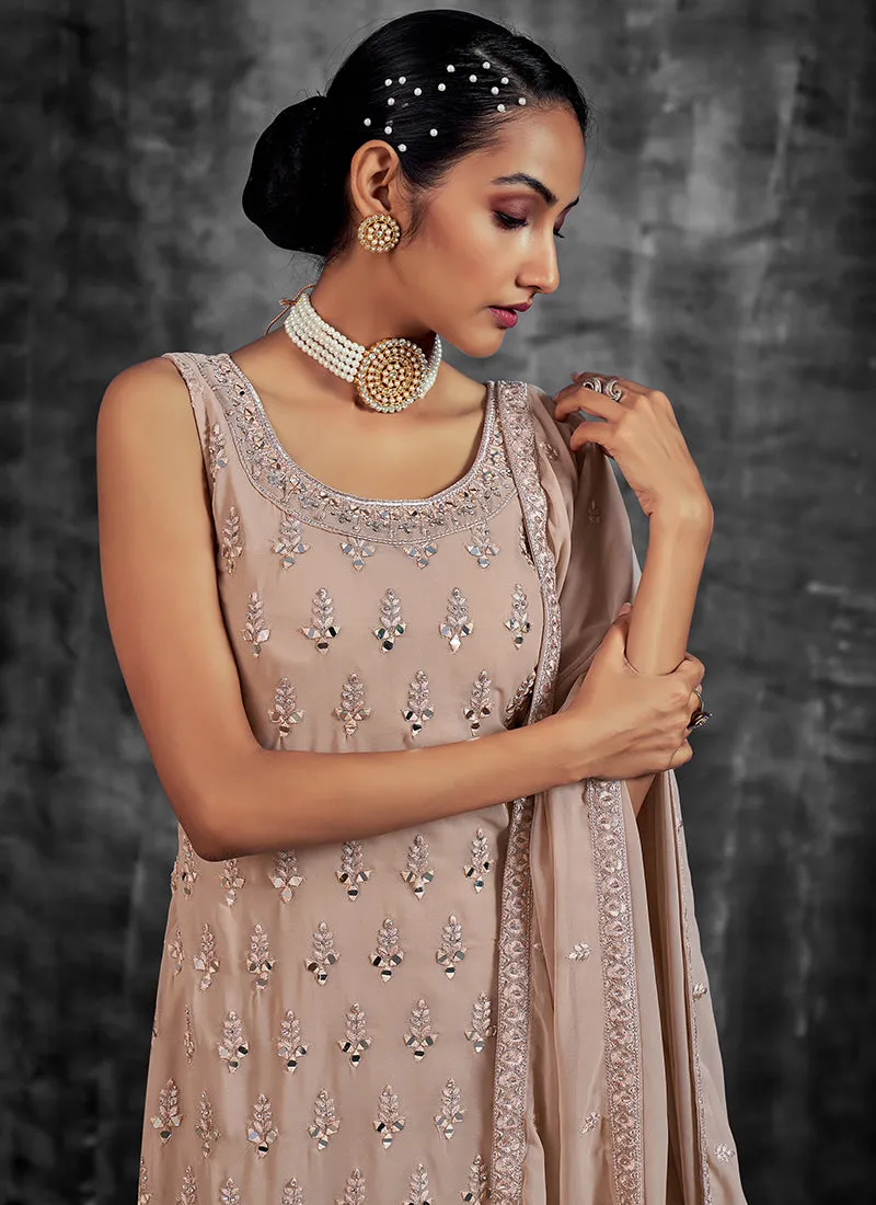 Badami Peach Mirror Work Embroidery Georgette Gharara Suit